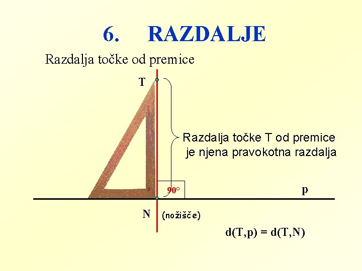 6. RAZDALJE Razdalja točke od premice T Razdalja točke T od premice je njena