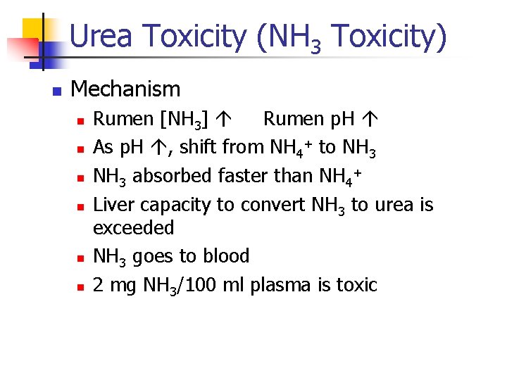 Urea Toxicity (NH 3 Toxicity) n Mechanism n n n Rumen [NH 3] Rumen