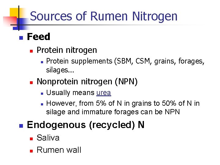 Sources of Rumen Nitrogen n Feed n Protein nitrogen n n Nonprotein nitrogen (NPN)