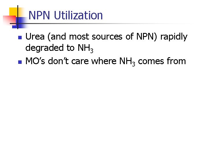 NPN Utilization n n Urea (and most sources of NPN) rapidly degraded to NH