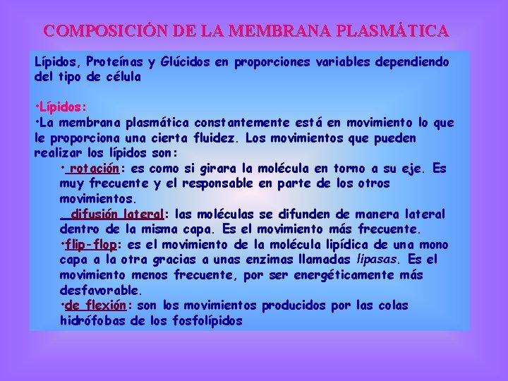 COMPOSICIÓN DE LA MEMBRANA PLASMÁTICA Lípidos, Proteínas y Glúcidos en proporciones variables dependiendo del