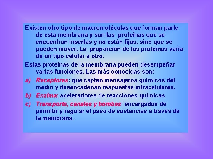 Existen otro tipo de macromoléculas que forman parte de esta membrana y son las