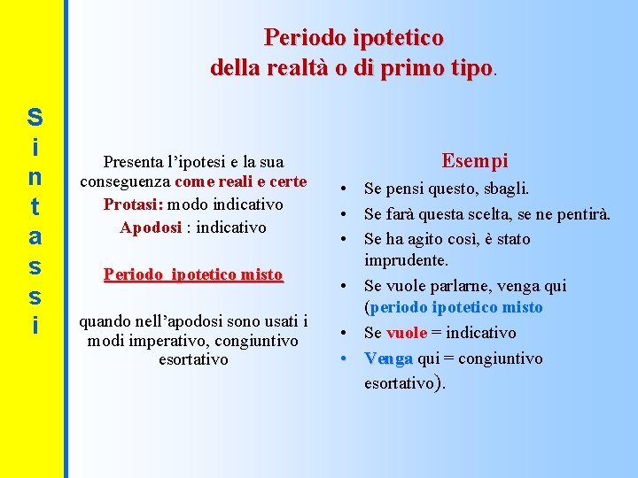 Periodo ipotetico della realtà o di primo tipo. S i n t a s