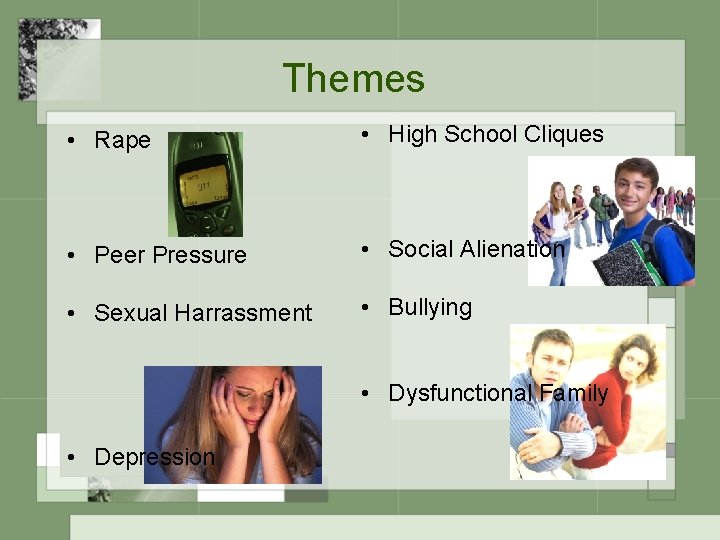 Themes • Rape • High School Cliques • Peer Pressure • Social Alienation •