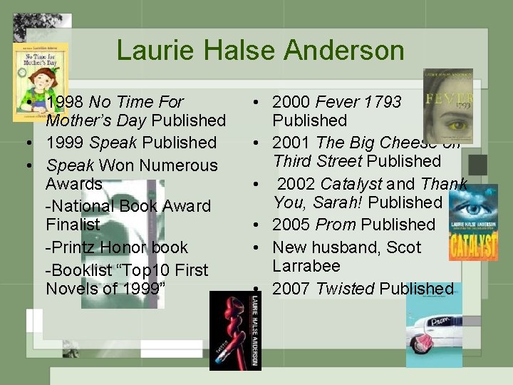 Laurie Halse Anderson • 1998 No Time For Mother’s Day Published • 1999 Speak