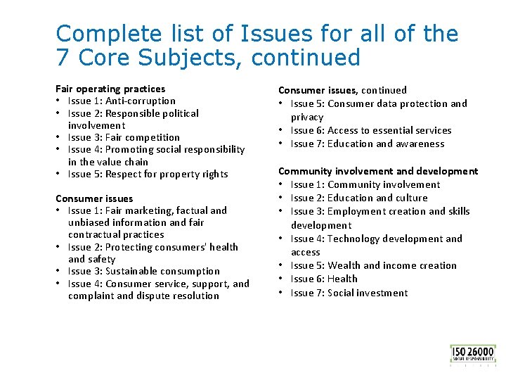 Complete list of Issues for all of the 7 Core Subjects, continued Fair operating