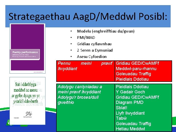 Strategaethau Aag. D/Meddwl Posibl: • • • Modelu (enghreifftiau da/gwan) PMI/MAD Gridiau cyfiawnhau 2