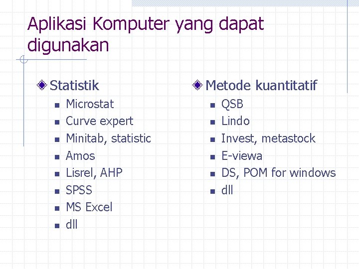 Aplikasi Komputer yang dapat digunakan Statistik n n n n Microstat Curve expert Minitab,