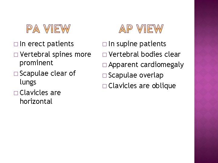 � In erect patients � Vertebral spines more prominent � Scapulae clear of lungs