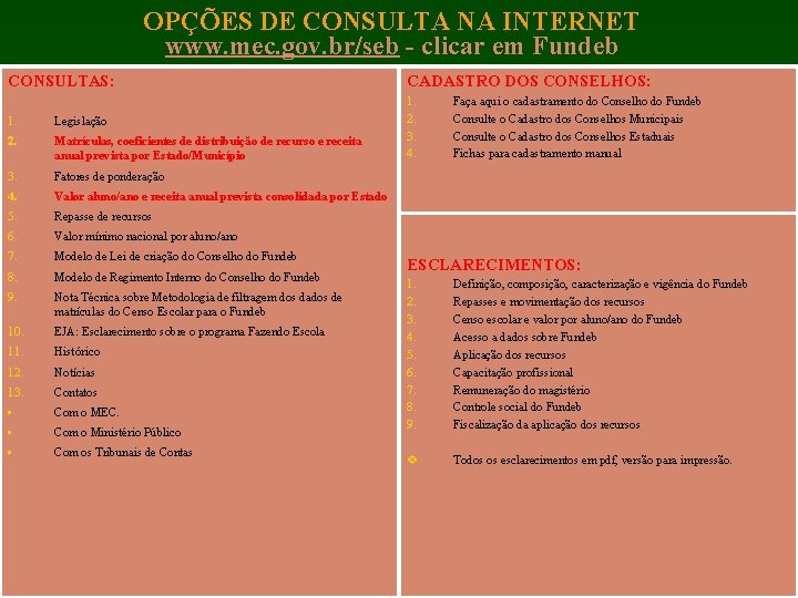 OPÇÕES DE CONSULTA NA INTERNET www. mec. gov. br/seb - clicar em Fundeb CONSULTAS: