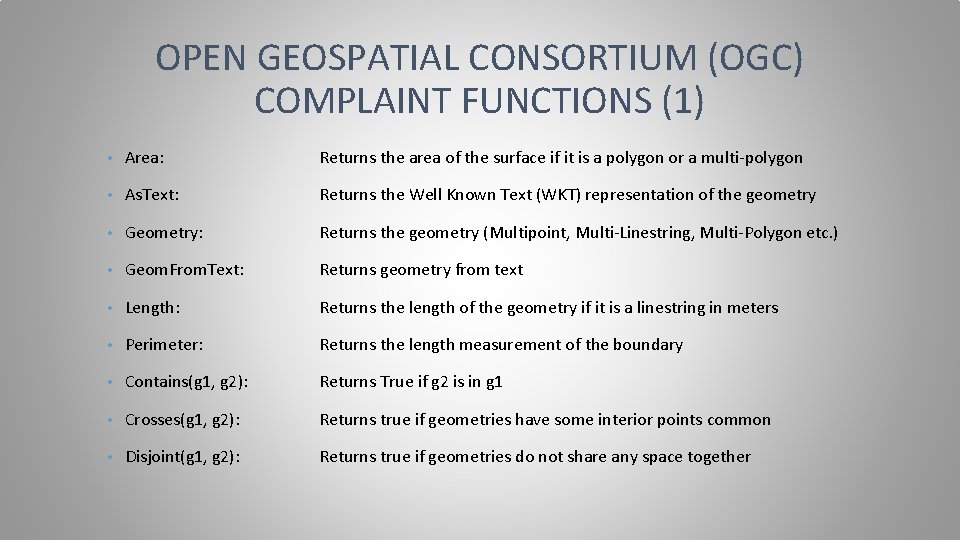 OPEN GEOSPATIAL CONSORTIUM (OGC) COMPLAINT FUNCTIONS (1) • Area: Returns the area of the