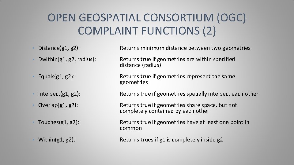 OPEN GEOSPATIAL CONSORTIUM (OGC) COMPLAINT FUNCTIONS (2) • Distance(g 1, g 2): Returns minimum