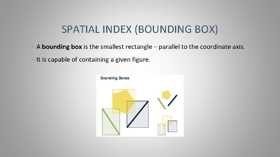 SPATIAL INDEX (BOUNDING BOX) • A bounding box is the smallest rectangle – parallel