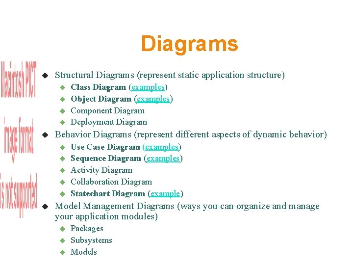 Diagrams Structural Diagrams (represent static application structure) Behavior Diagrams (represent different aspects of dynamic