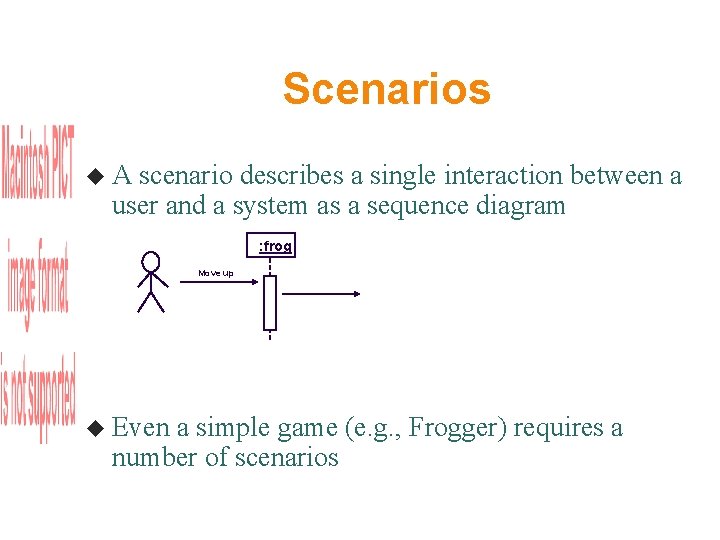 Scenarios A scenario describes a single interaction between a user and a system as