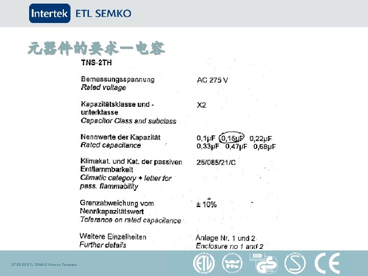元器件的要求－电容 27. 03 ETL SEMKO Division Template 
