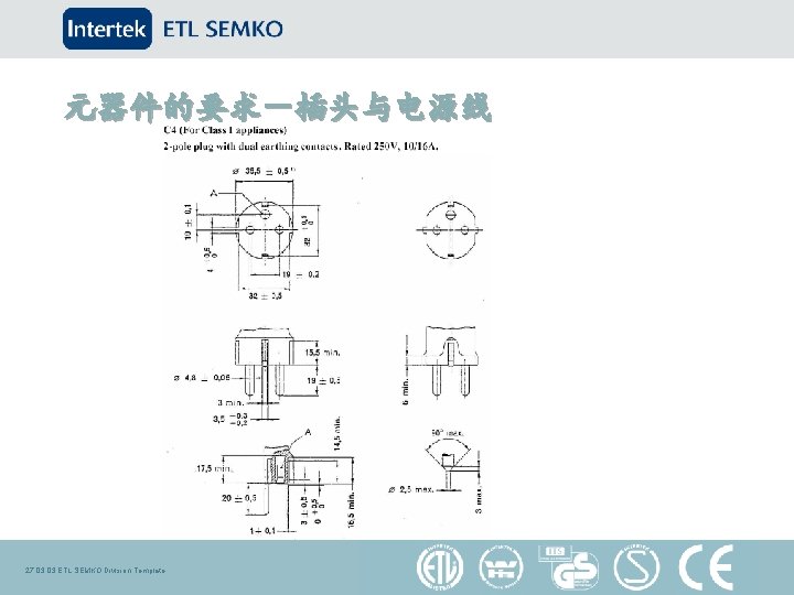 元器件的要求－插头与电源线 27. 03 ETL SEMKO Division Template 