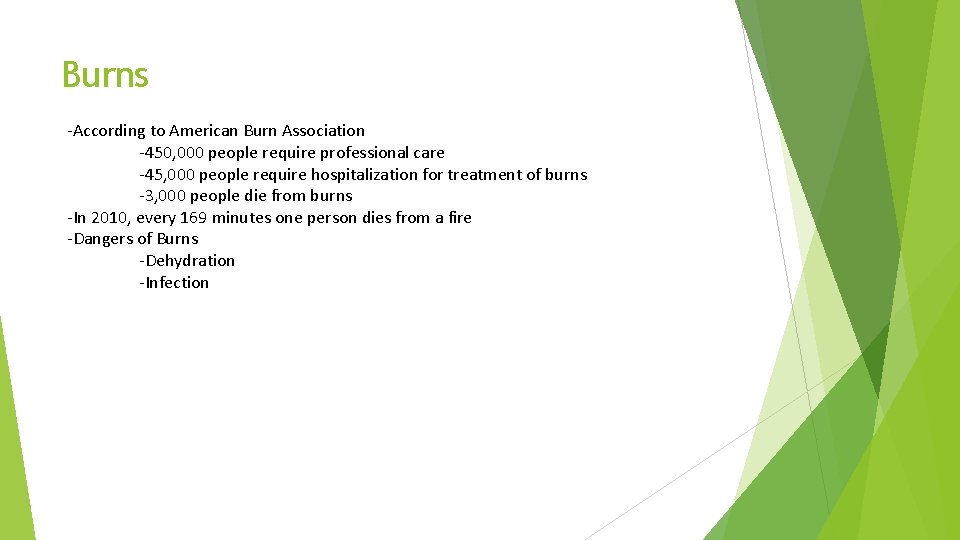 Burns -According to American Burn Association -450, 000 people require professional care -45, 000