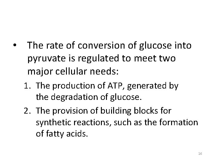  • The rate of conversion of glucose into pyruvate is regulated to meet