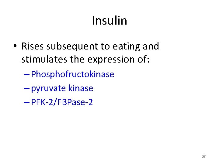 Insulin • Rises subsequent to eating and stimulates the expression of: – Phosphofructokinase –