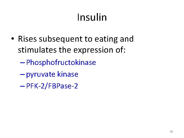 Insulin • Rises subsequent to eating and stimulates the expression of: – Phosphofructokinase –