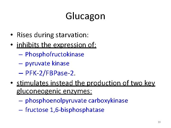 Glucagon • Rises during starvation: • inhibits the expression of: – Phosphofructokinase – pyruvate