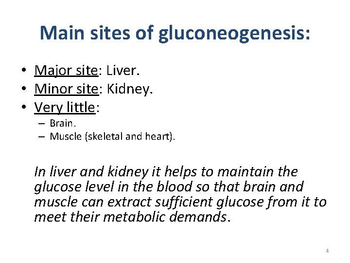 Main sites of gluconeogenesis: • Major site: Liver. • Minor site: Kidney. • Very