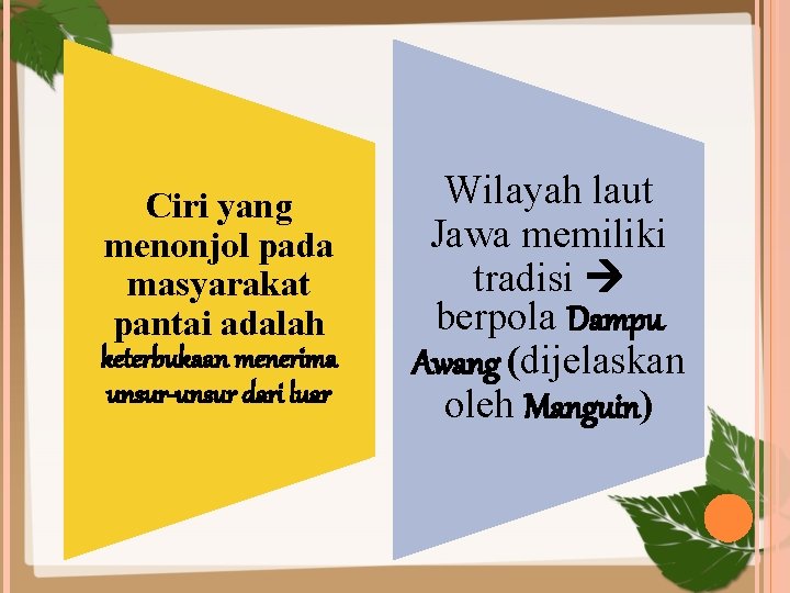Ciri yang menonjol pada masyarakat pantai adalah keterbukaan menerima unsur-unsur dari luar Wilayah laut