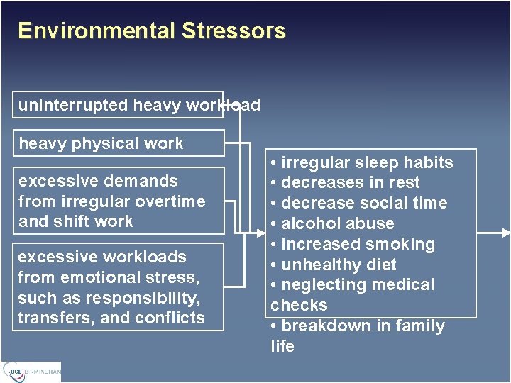 Environmental Stressors uninterrupted heavy workload heavy physical work excessive demands from irregular overtime and