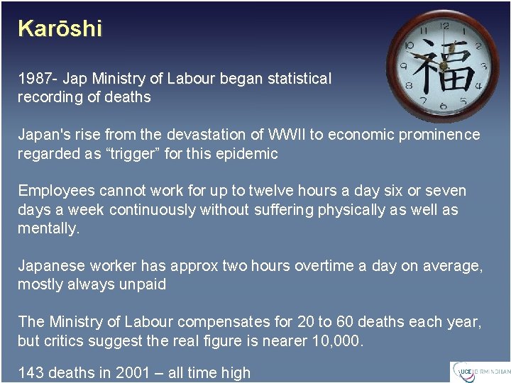 Karōshi 1987 - Jap Ministry of Labour began statistical recording of deaths Japan's rise