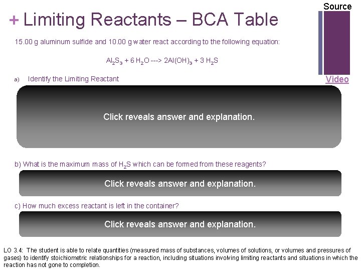 Source + Limiting Reactants – BCA Table 15. 00 g aluminum sulfide and 10.