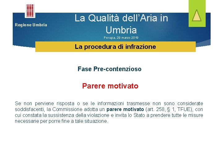 Regione Umbria La Qualità dell’Aria in Umbria Perugia, 29 marzo 2019 La procedura di