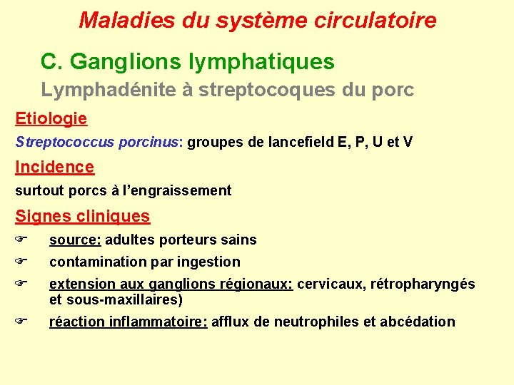 Maladies du système circulatoire C. Ganglions lymphatiques Lymphadénite à streptocoques du porc Etiologie Streptococcus