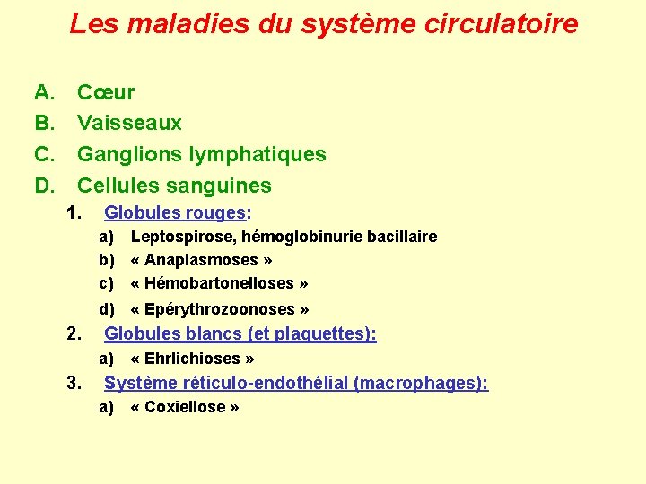 Les maladies du système circulatoire A. B. C. D. Cœur Vaisseaux Ganglions lymphatiques Cellules