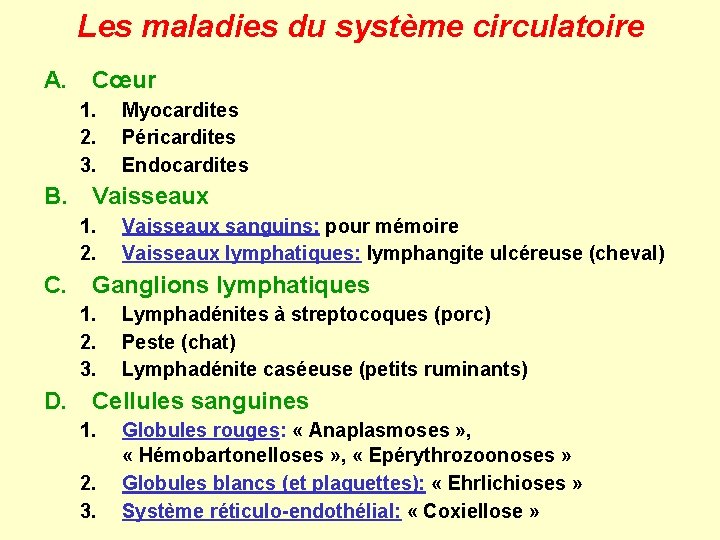 Les maladies du système circulatoire A. Cœur 1. 2. 3. Myocardites Péricardites Endocardites B.