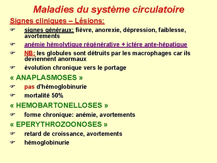 Maladies du système circulatoire Signes cliniques – Lésions: F F signes généraux: fièvre, anorexie,