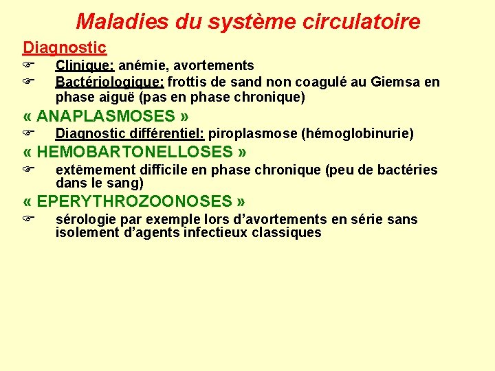 Maladies du système circulatoire Diagnostic F F Clinique: anémie, avortements Bactériologique: frottis de sand
