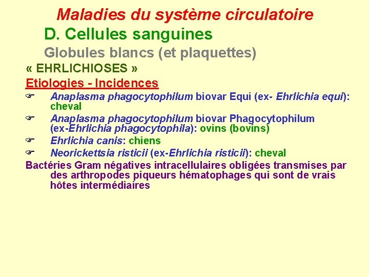 Maladies du système circulatoire D. Cellules sanguines Globules blancs (et plaquettes) « EHRLICHIOSES »