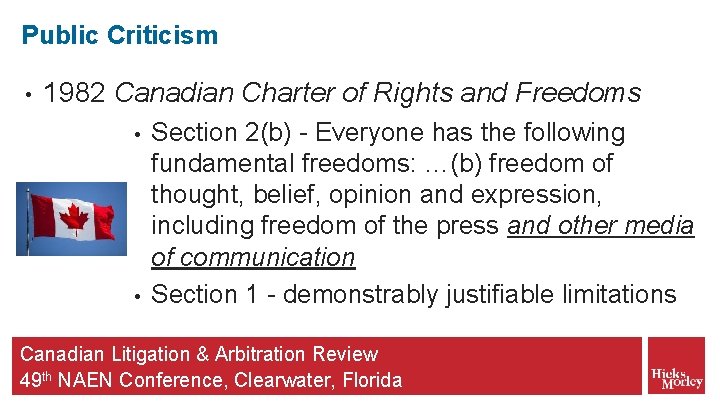 Public Criticism • 1982 Canadian Charter of Rights and Freedoms • • Section 2(b)
