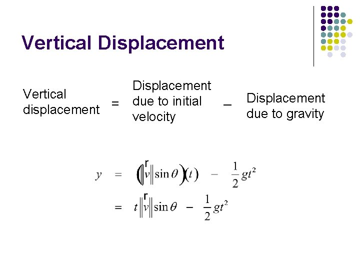 Vertical Displacement Vertical due to initial = – displacement velocity Displacement due to gravity