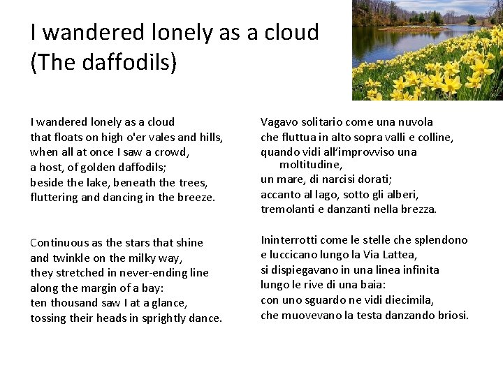 I wandered lonely as a cloud (The daffodils) I wandered lonely as a cloud