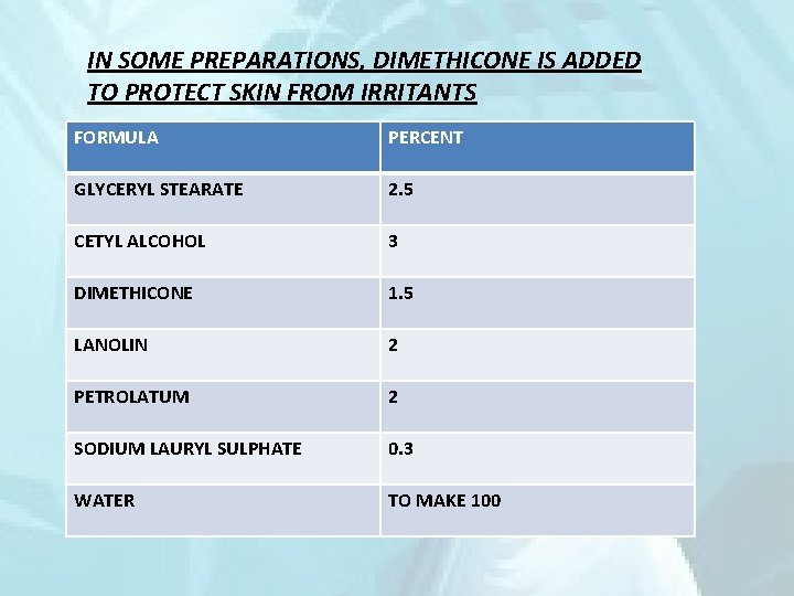 IN SOME PREPARATIONS, DIMETHICONE IS ADDED TO PROTECT SKIN FROM IRRITANTS FORMULA PERCENT GLYCERYL