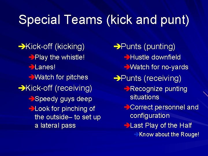 Special Teams (kick and punt) èKick-off (kicking) èPlay the whistle! èLanes! èWatch for pitches