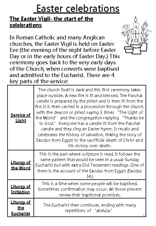  Easter celebrations The Easter Vigil- the start of the celebrations In Roman Catholic