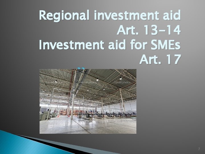 Regional investment aid Art. 13 -14 Investment aid for SMEs Art. 17 7 