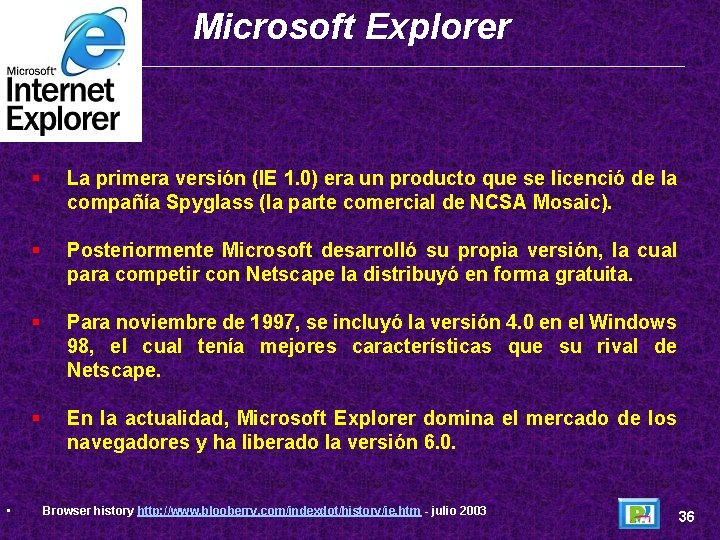 Microsoft Explorer • § La primera versión (IE 1. 0) era un producto que