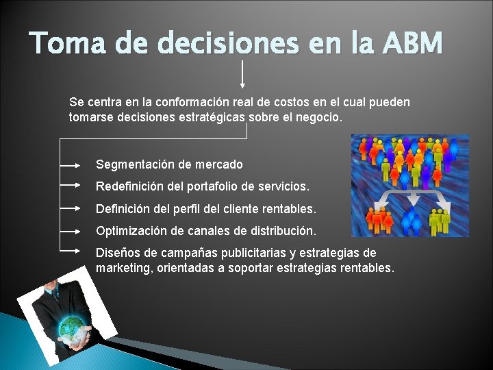 Toma de decisiones en la ABM Se centra en la conformación real de costos