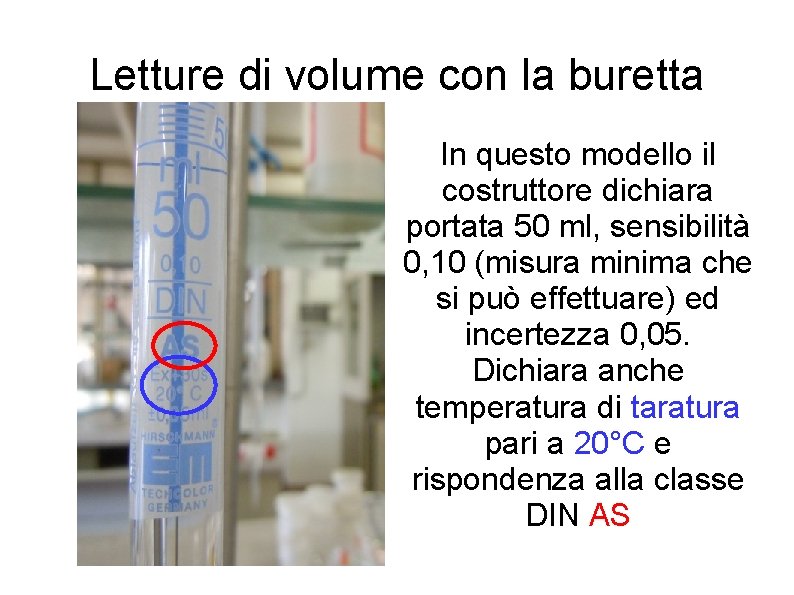 Letture di volume con la buretta In questo modello il costruttore dichiara portata 50
