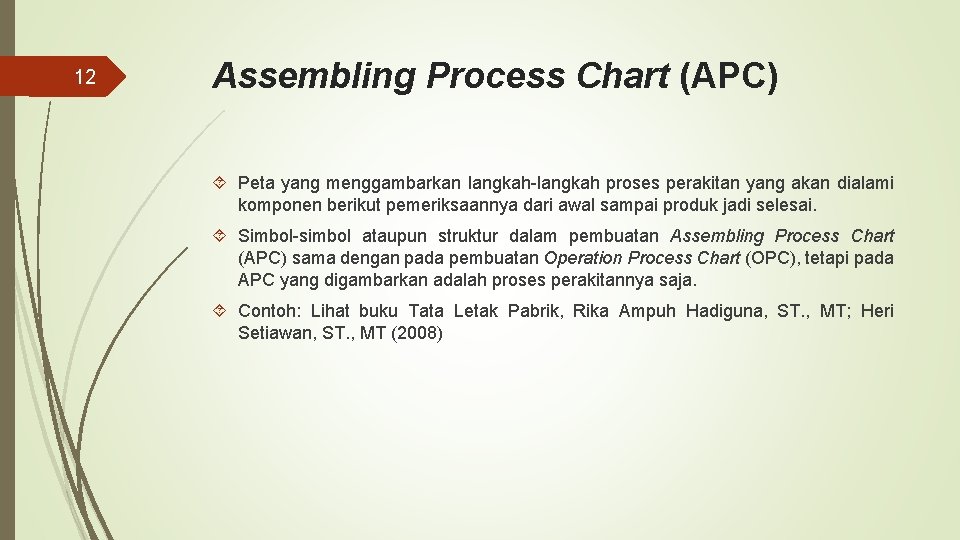 12 Assembling Process Chart (APC) Peta yang menggambarkan langkah-langkah proses perakitan yang akan dialami