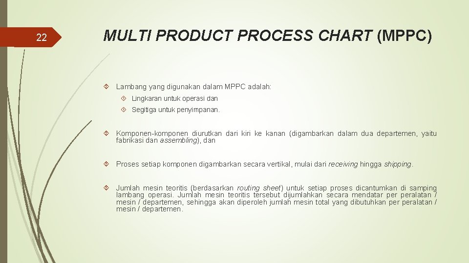 22 MULTI PRODUCT PROCESS CHART (MPPC) Lambang yang digunakan dalam MPPC adalah: Lingkaran untuk